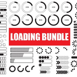 May include: A collection of black and white loading icons and progress bars. Includes circular progress indicators, horizontal bars, and animated elements. The text "LOADING BUNDLE" is displayed on a red background.