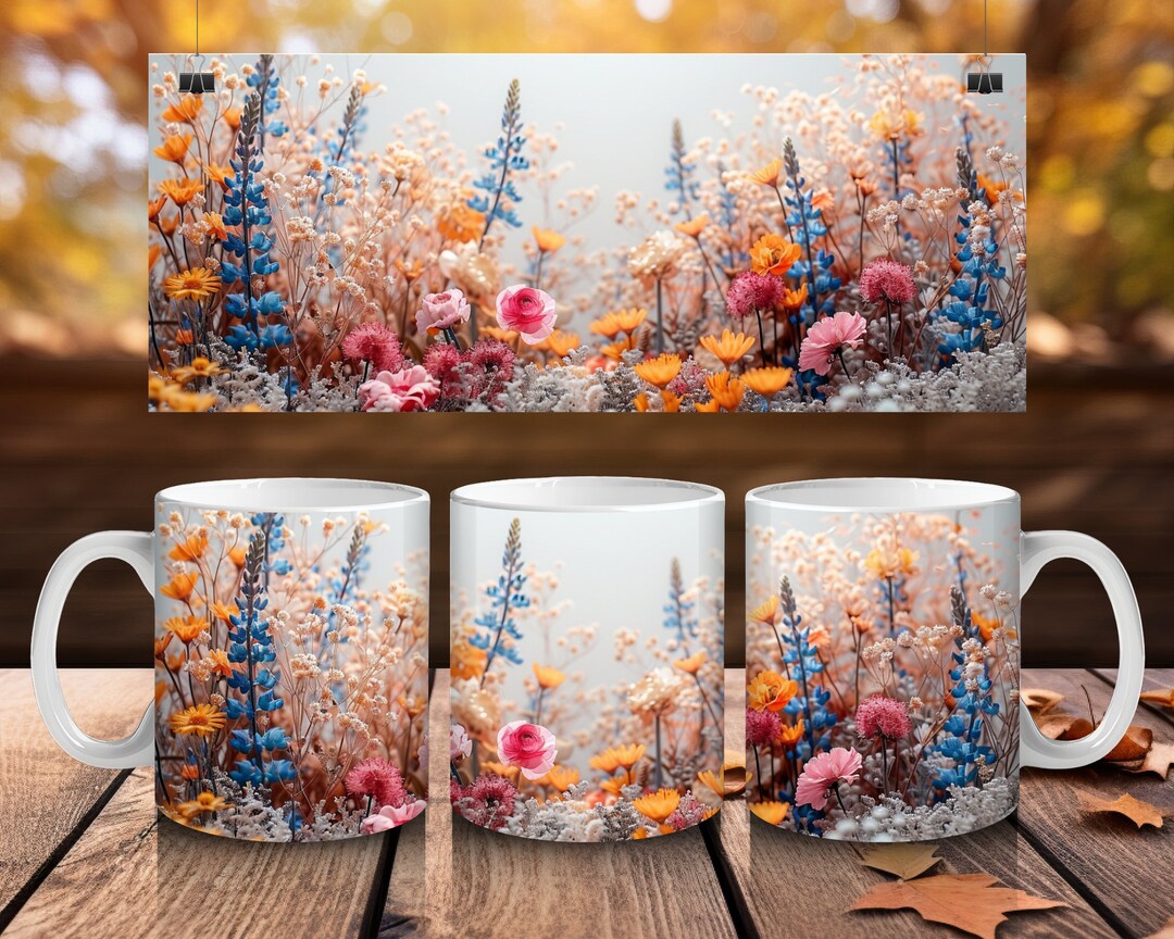 3D Mug With Pressed Flowers Design: Wildfield Blooms in Vibrant Colors ...