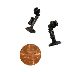 2pcs TINY CANDLESTICK PHONES Vintage Metal Dollhouse Miniature Telephone Old Timey Candle Stick Lot