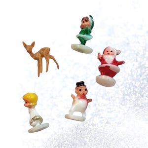 TINY CHRISTMAS FIGURES 5/8&quot; Vintage Plastic Minis Choose Your Mix Deer Pixie Elf Angel Snowman Santa Birds Ornament Crafts Gift Miniatures