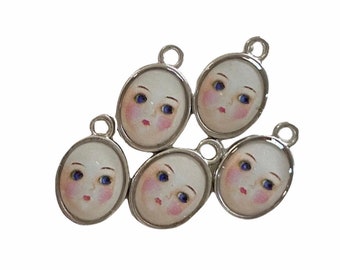 5pcs DOLL FACE CHARMS Tiny Custom Made Antique Altered Dolly Face Curious Adorable Spooky Vintage Miniature Medallion Pendants Cora