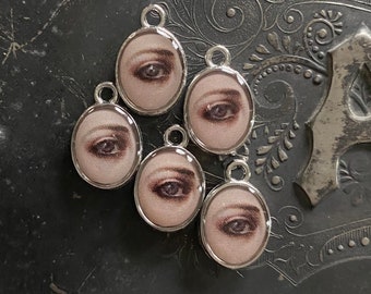 5 Mourning Eye Charms Tiny Custom Made Vintage Faux Lover's Eye Georgian Images Memorial Gaze Miniature Pendants Halloween Lot B