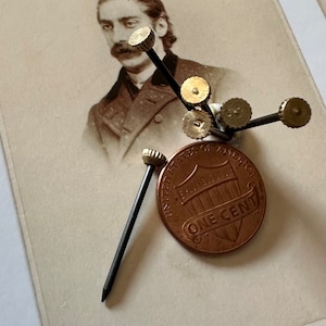 Puede incluir: Primer plano de un grupo de peque&ntilde;as tachuelas doradas con cabezas decorativas, dispuestas alrededor de un centavo de cobre estadounidense con la inscripci&oacute;n "ONE CENT".