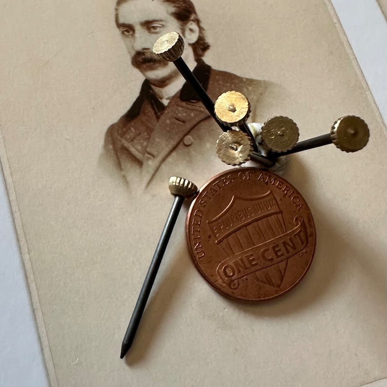 Puede incluir: Primer plano de un grupo de peque&ntilde;as tachuelas doradas con cabezas decorativas, dispuestas alrededor de un centavo de cobre estadounidense con la inscripci&oacute;n "ONE CENT".