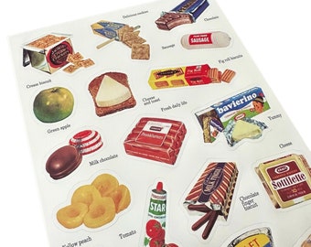 19pcs RETRO GROCERY STICKERS Matte Vinyl Labels Nostalgic Food Cheese + Cookies Snacks Plastic Seals One Sheet