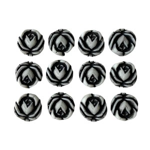 12pcs PLASTIC ROSE CABS 10mm Vintage White + Black Flat Back Roses Tiny Blooms Bulk Lot