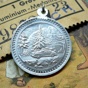 SAINT CHRISTOPHER MEDAL Vintage Religious Medallion Travel Protection Milgrain Border Silver Aluminum Made in Germany