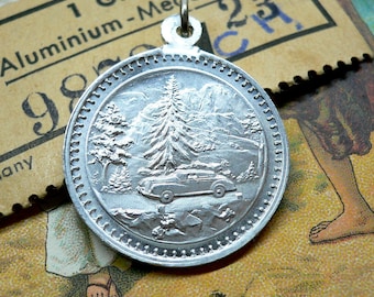 SAINT CHRISTOPHER MEDAL Vintage Religious Medallion Travel Protection Milgrain Border Silver Aluminum Made in Germany