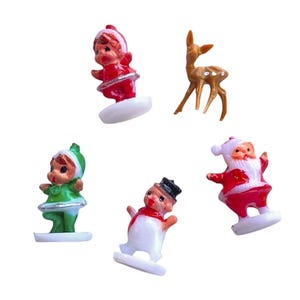 PLASTIC CHRISTMAS MINIS 5/8" Vintage Tiny Figures Deer Pixie Santa Elf Snowman Craft Miniatures
