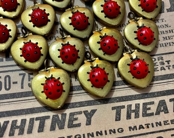 1pc LADYBUG HEART LOCKET Miniature Lady Bug Vintage Charm Kitschy Pendant Retro Jewelry Finding