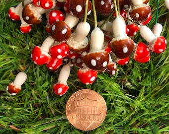 10pcs MINIATURE PLASTER MUSHROOMS Tiny Handcrafted Wired Vintage Mushroom Paint + Sugared Details Micro Lot W Germany Limited Stock