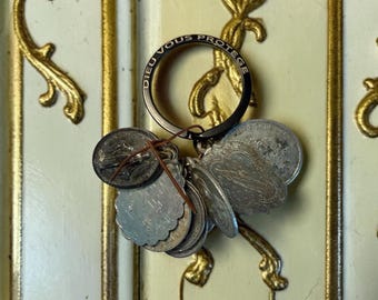10 Catholic Medals Vintage Worn Religious Charms Antique Saints Dieu Vous Protège Key Ring No. V