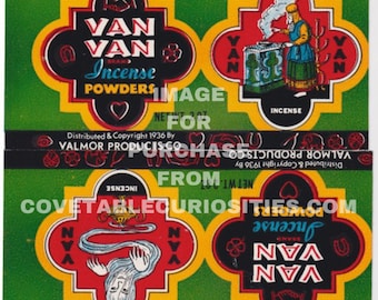 ᴰᴵᴳᴵᵀᴬᴸ VINTAGE INCENSE LABELS 4-3/4 x 4-3/4" High Resolution Scan Van Van Brand Incense Powders 1936 Witchy Ephemera Instant Image Download