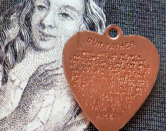 1 Lord's Prayer Medal 7/8" Vintage Heart Shaped Religious Copper Charm Tiniest Print
