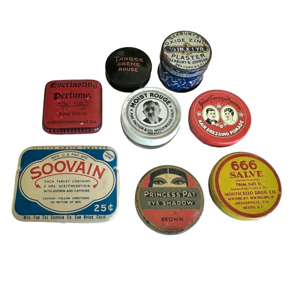 1pc VINTAGE MINI TIN Antique Toiletries Cosmetics Vanity Display Edwardian + Victorian Little Box Your Pick