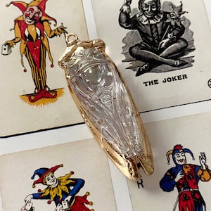 1pc SOLDERED GLASS CICADA 2.5&quot; Iridescent + Golden Solder Loop Clear Pendant Charm Jewelry Amulet Lucky Token