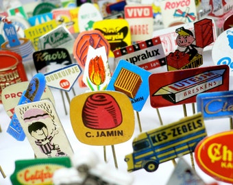 10pcs NORDIC STICK PINS Vintage Pin Lot Colorful Advertisements Painted Metal Pins 1960s-70s Dutch Retro Tin Lucky Dip