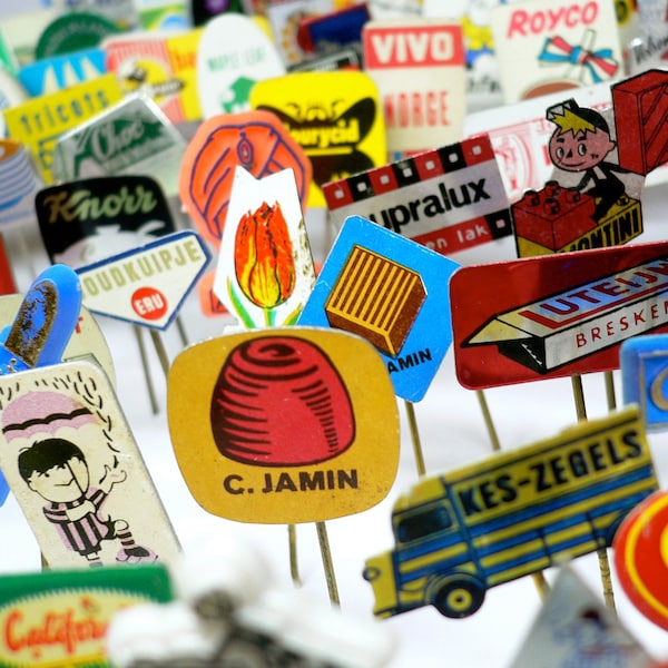 10pcs NORDIC STICK PINS Vintage Pin Lot Colorful Advertisements Painted Metal Pins 1960s-70s Dutch Retro Tin Lucky Dip