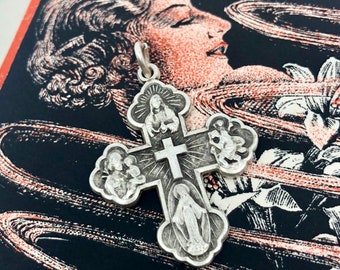 1pc VINTAGE SCAPULAR CROSS 4 Way Religious Medal Gorgeous Detail Heavy Medallion Pendant Italy