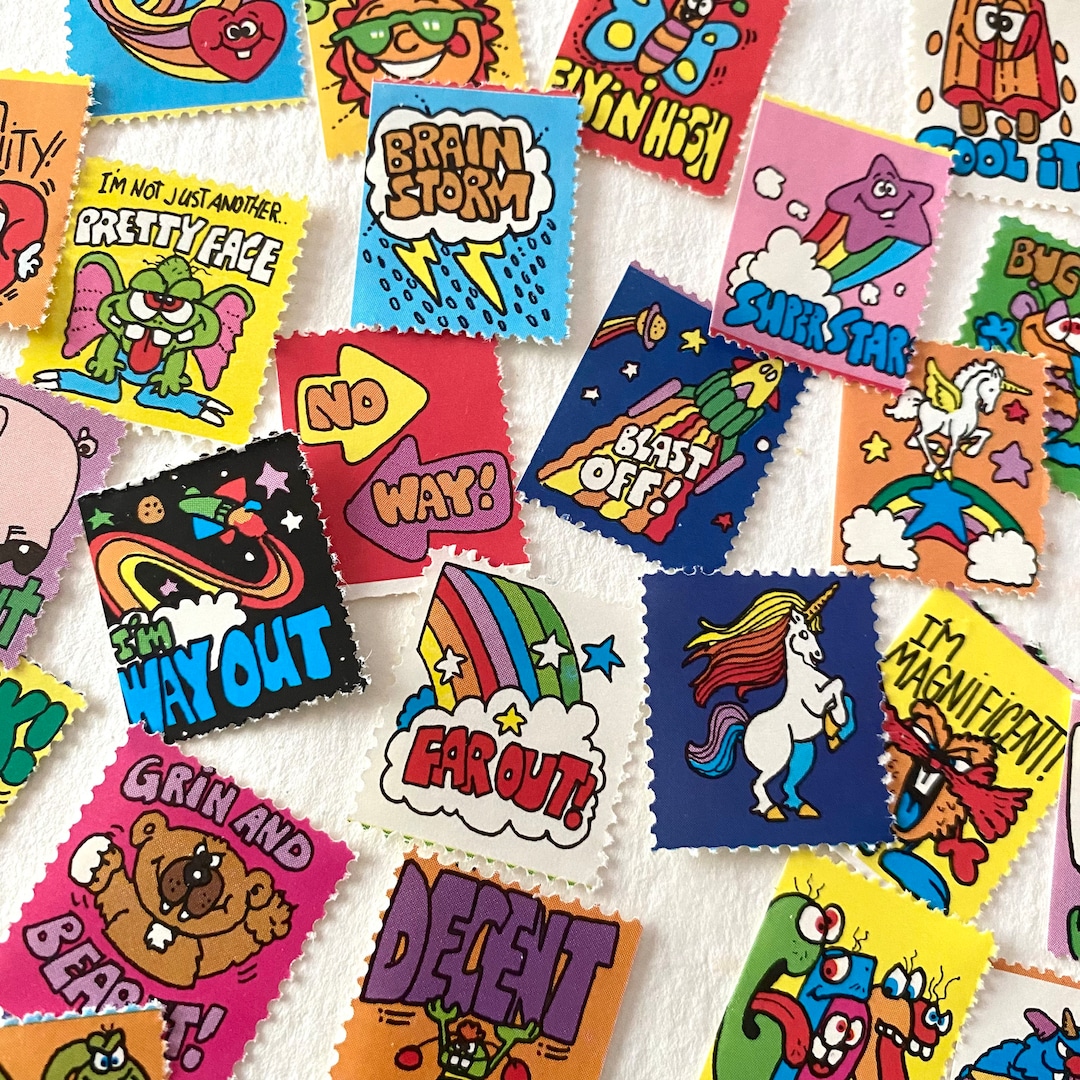 15pcs 1980s STICKER STAMPS Vintage Gummed Stickers Retro Graphics