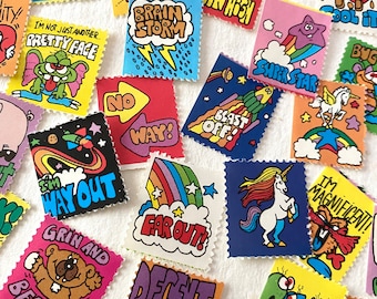 15pcs 1980s STICKER STAMPS Vintage Gummed Stickers Retro Graphics Seals Nostalgic Labels Lot