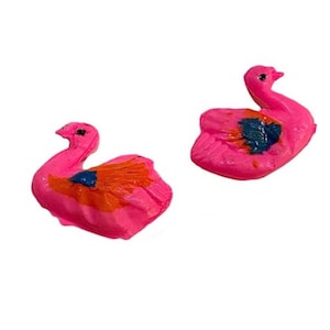 2pcs MINI CELLULOID SWANS 3/4&quot; Vintage Hollow Pink Plastic Swan Miniatures Lot Rare Old Stock Penny Toys