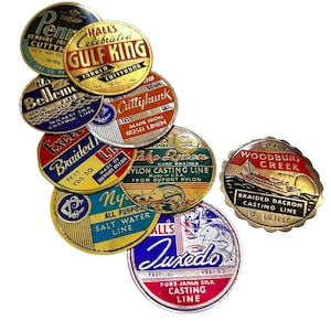 1pc FISHING LINE LABEL 2&quot; Vintage Foil Label Fish Ephemera Outdoorsy Junk Journal Single Label Your Pick