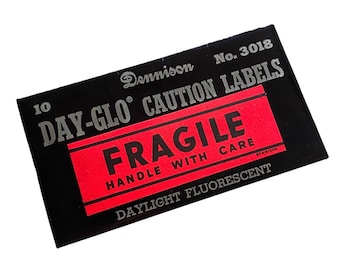 ⱽᴵᴺᵀᴬᴳᴱ 1pkg DENNISON FRAGILE LABELS Authentic Gummed Seals Day-Glo Caution Series Old Stock Mailing Stickers No. 3018