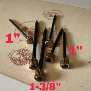 Puede incluir: Un grupo de seis tachuelas de metal negro con cabezas de lat&oacute;n. Las tachuelas miden 2,5 cm y 3,5 cm de largo.