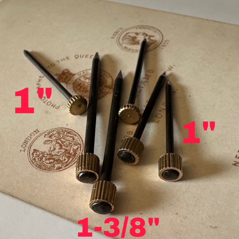 Puede incluir: Un grupo de seis tachuelas de metal negro con cabezas de lat&oacute;n. Las tachuelas miden 2,5 cm y 3,5 cm de largo.