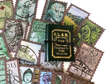 25pcs POSTAGE STAMP STICKERS 2" Vintage Style Mail Art Ephemera Faux Postage Labels Seals Choose With or Without Folio Greens Lot G