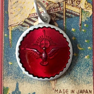 HOLY SPIRIT MEDALLION Vintage Religious Jewelry Resin Enamel Silver Medal Charm Pendant Holy Ghost Marked France Choose Red or Blue