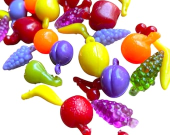 50pcs TINY FRUIT CHARMS Vintage Plastic Beads Miniature Drops Beading Supplies Mystery Mix