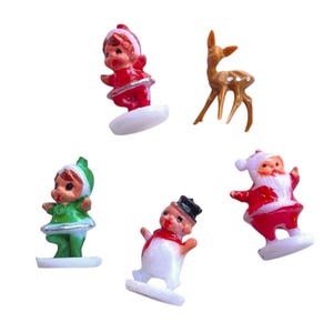5 Tiny Plastic Christmas Miniatures 5/8" Vintage 1970s Deer Santa Elf Pixie Snowman Figures Lot