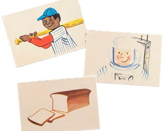 ⱽᴵᴺᵀᴬᴳᴱ 3pcs PICTURE FLASH CARDS 1960s Vintage Nostalgic Illustrations Baseball Player Astronaut Bread Loaf Single Card Lot