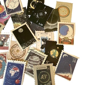 20 + stücke MONDSTEMPEL STICKER Vintage Stil Planeten Weltraum Faux Porto Mail Art Ephemera Pack Scrapbooking Etiketten Dichtungen Sticker Pack