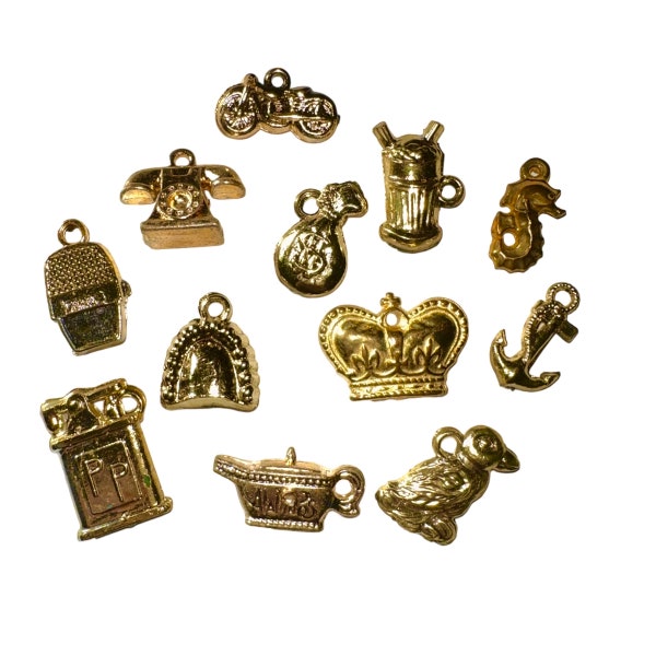 12pcs GOLD PLASTIC CHARMS Vintage Vending Money Bag Microphone Lighter Crown Tea Dentures Malt Seahorse Phone  Metallic Miniatures