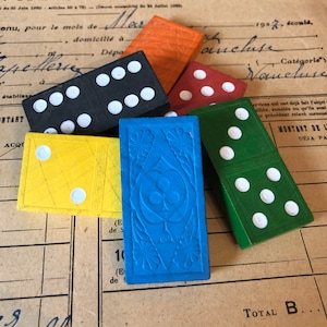 6pcs COLORFUL DOMINOES LOT Vintage Painted Wood + Intricate Design Unique Game Pieces Assemblage Altered Art Embellishments