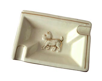 Scottie Dog Ashtray 3.75" Vintage Ceramic White + Gold Japan