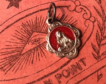 ⱽᴵᴺᵀᴬᴳᴱ 2pcs TINY SCAPULAR MEDALLION Religious Medal Silver Tone Charm Red Painted Sacred Heart of Jesus Our Lady Beautiful
