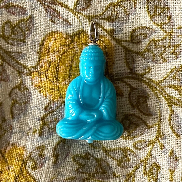 1pc AQUA BUDDHA CHARM 1" Vintage Pocket Shrine Statue Acrylic Double Sided Pendant Retro Blue Zen Jewelry