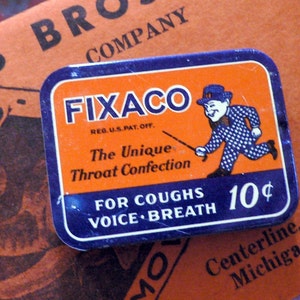 1940s FIXACO THROAT TIN Vintage Sliding Box Tiny Pharmacy Container