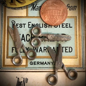 May include: Three small, antique metal scissors with rounded handles and pointed blades are displayed. A copper penny is next to the scissors. The background features text that reads "Best English Steel" and "Germany."