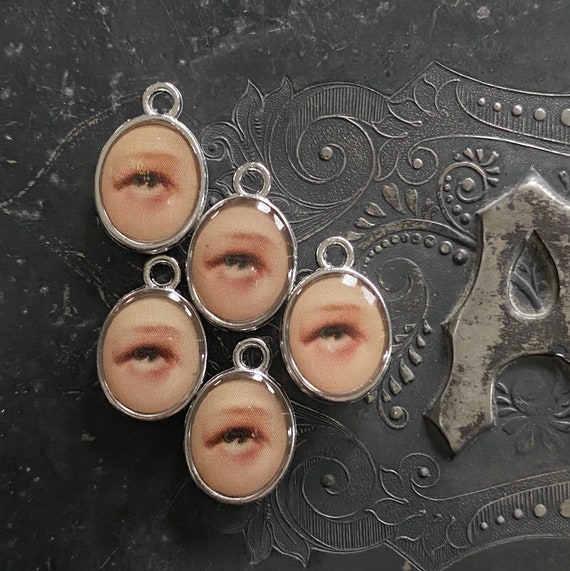 5pcs MOURNING JEWELRY CHARMS Tiny Custom Made Vintage Faux Lover's Eye Victorian Images Gaze To Heavens Miniature Pendants Halloween Lot D