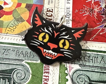 1pc BLACK CAT CHARM 1” Vintage Style Pendant Halloween Jewelry Double-Sided Resin