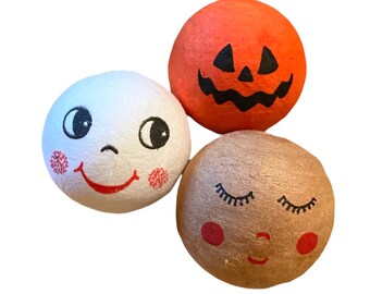 3pcs SPUN DOLL HEADS Vintage Style Mix Halloween Easter Chick + Jack O Lantern Crafting Supply Miniatures Limited Stock