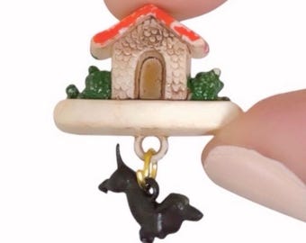 1pc DOG HOUSE PIN 1" Vintage Plastic Dachshund + Dog House Miniature Brooch Made in Germany Last Chance