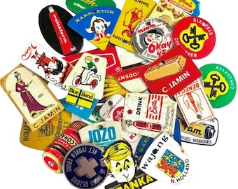 TIN ADVERTISING CHARMS Vintage Recycled Tags Miniature Bag Charms European Grocery Promo Prizes 1960s-70s Retro Nordic Pendant Lot