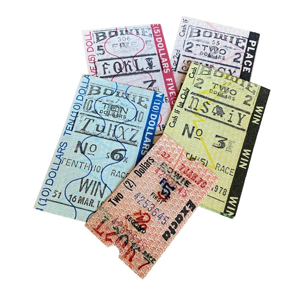 5pcs HORSE RACE TICKETS 1970s Vintage Bowie Track Ticket Ephemera Colorful Aged Lot