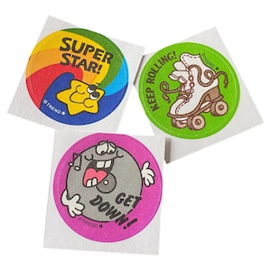 6pcs SCRATCH N&#39; SNIFF STICKERS 1.25&quot; Vintage Repro 1980s Trend Licensed Record Super Star Roller Skate Lot